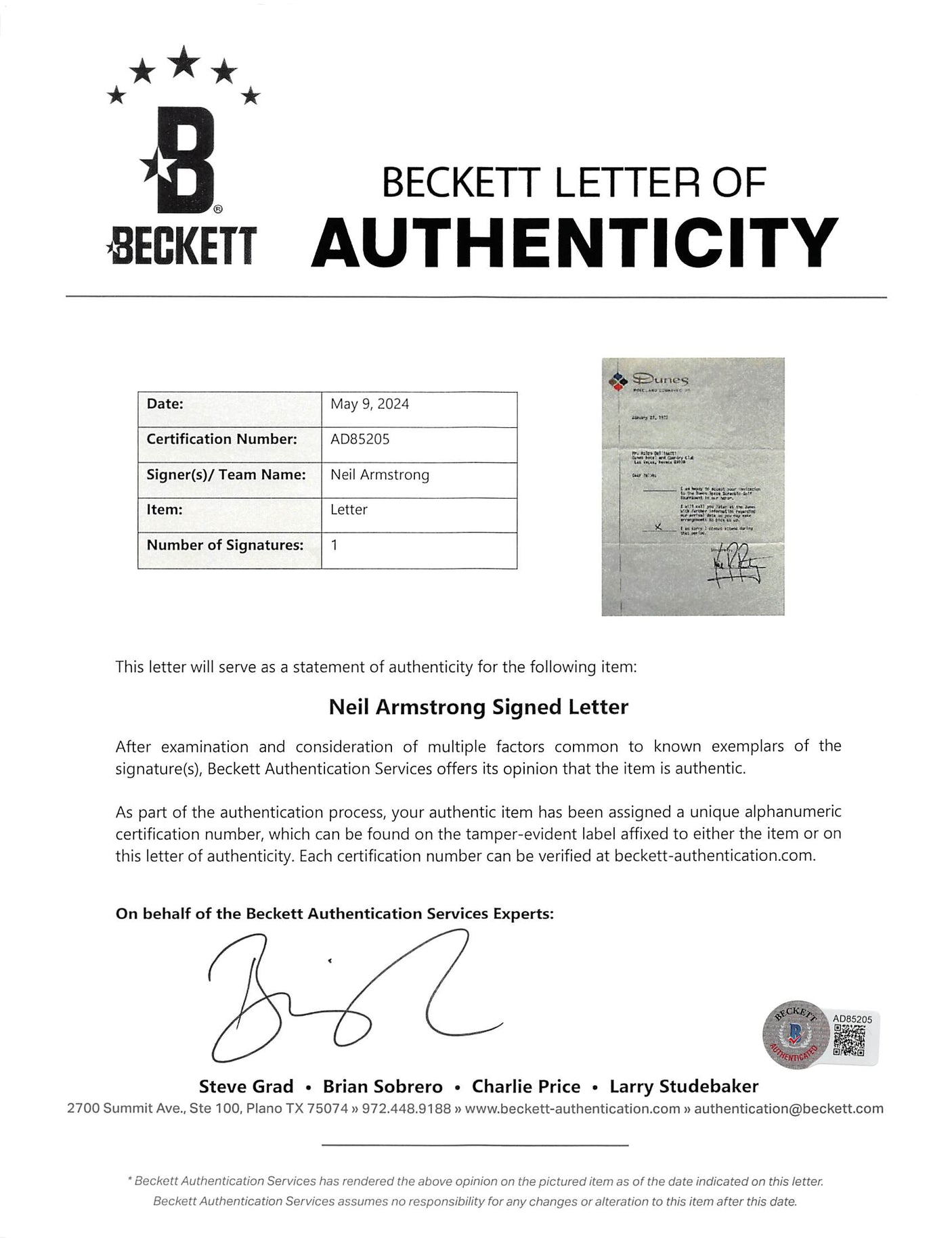 Neil Armstrong Apollo 11 Signed 7.25x10.5 1973 RSVP Letter BAS #AD85205
