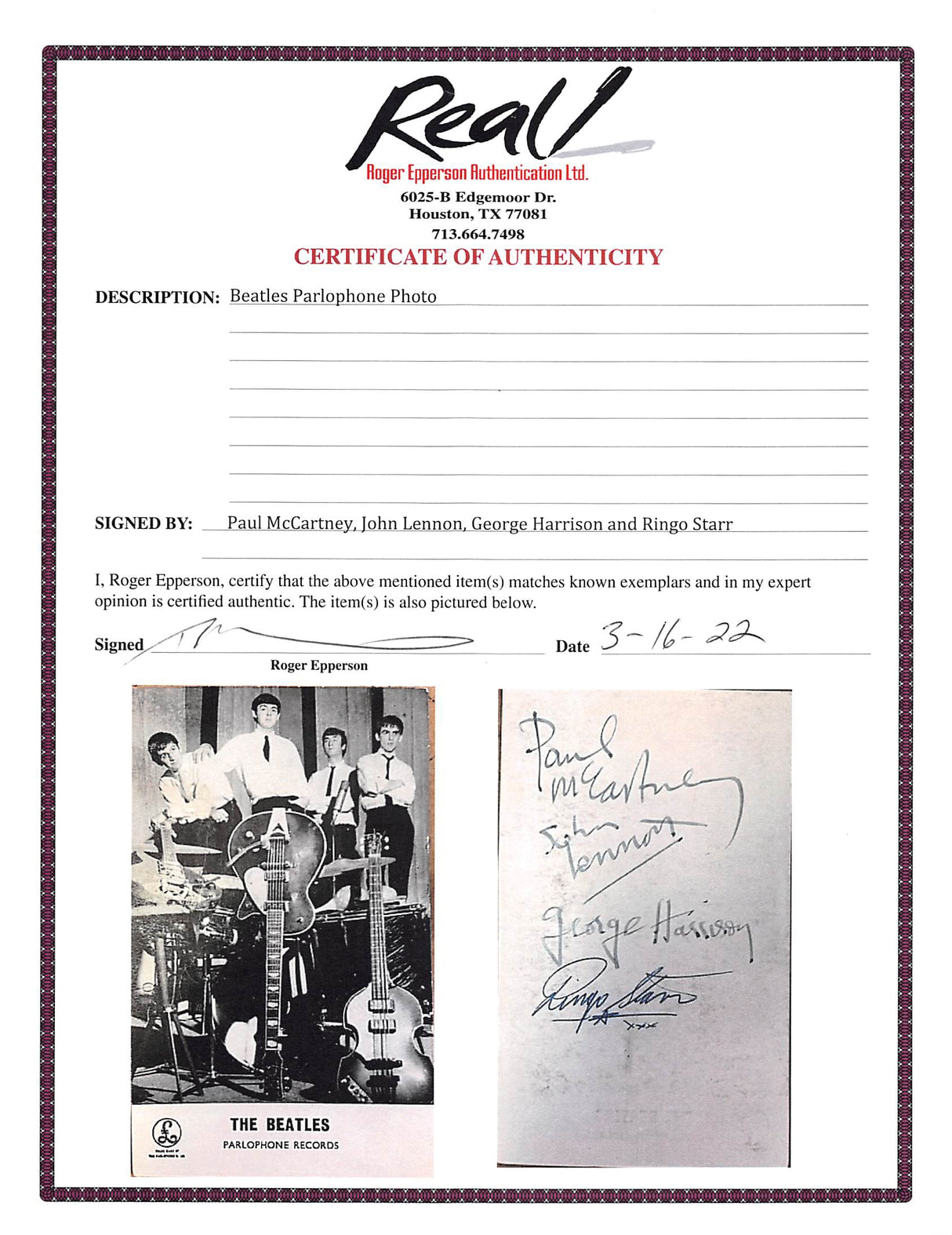 Beatles (4) Lennon, McCartney, Harrison & Starr Signed 3.5x5.75 Photo BAS Slab