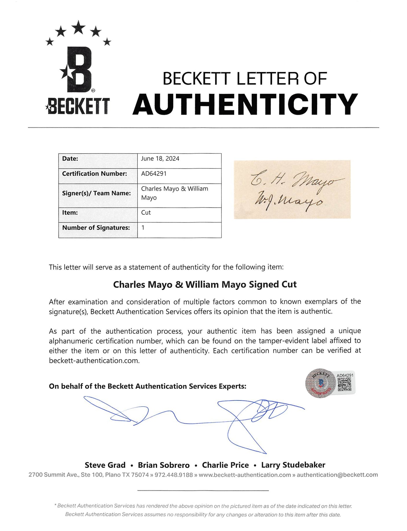 William Mayo & Charles H. Mayo Signed & Framed 1.5x3.5 Cut BAS #AD64291