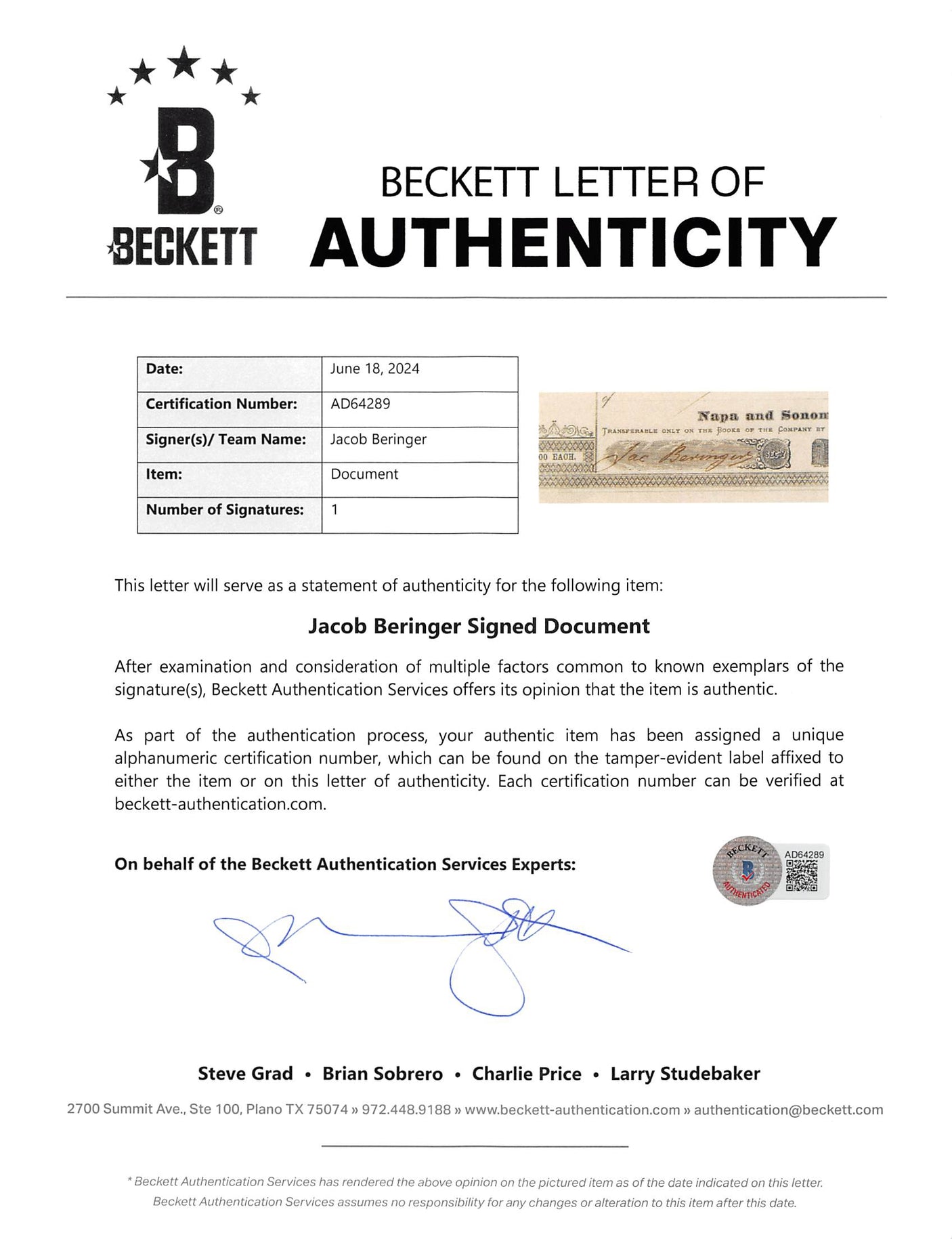 Jacob Beringer Signed & Framed 4.5x9 Napa and Sonoma Wine Stock Certificate BAS