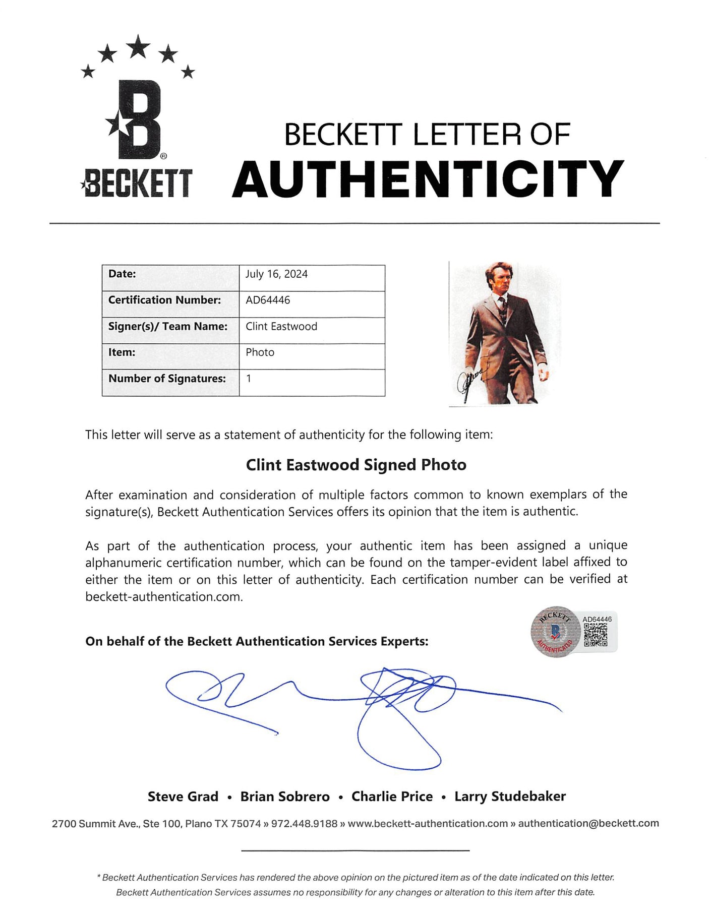 Clint Eastwood Dirty Harry Authentic Signed 11x14 Photo Autographed BAS #AD64446