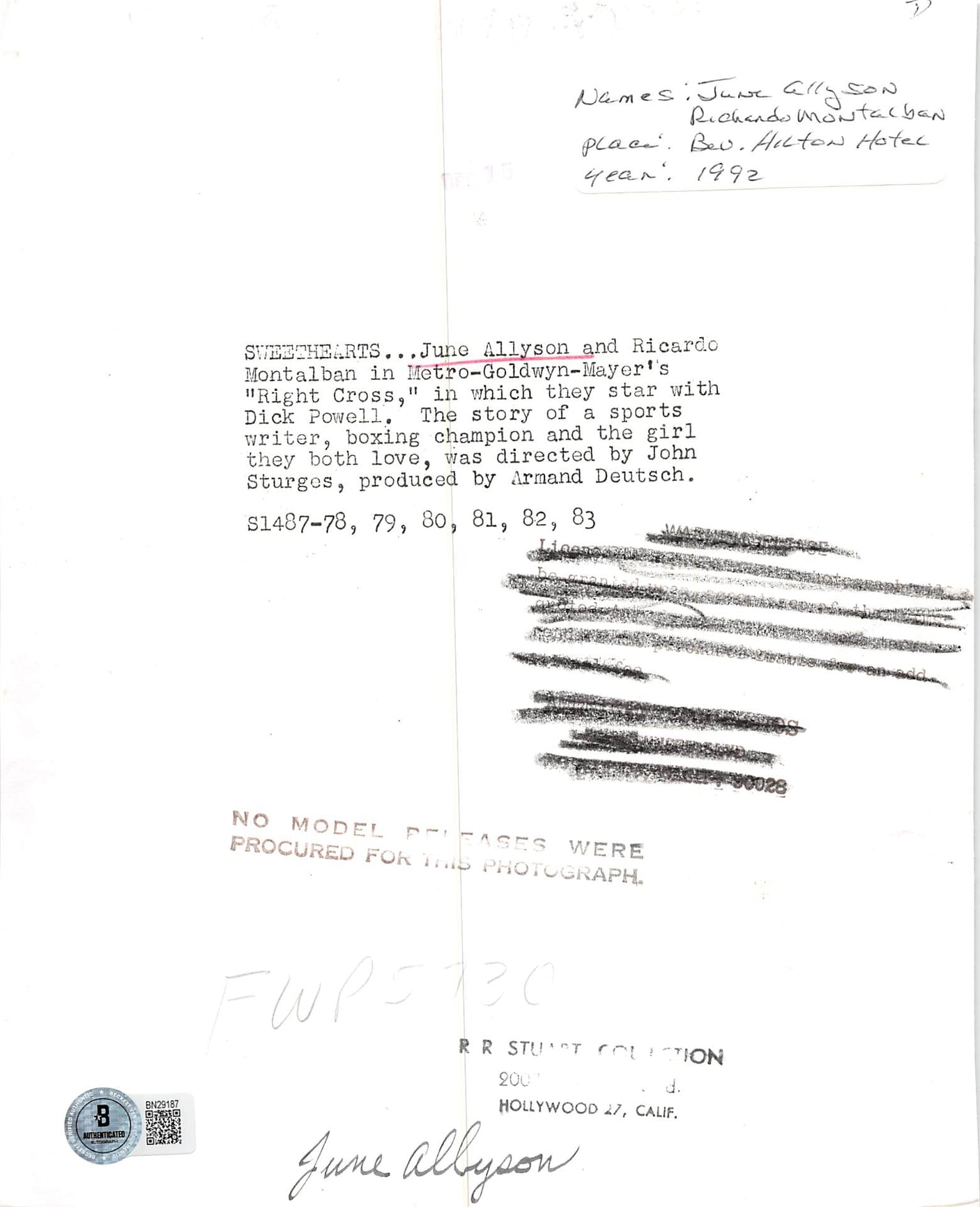 June Allyson & Ricardo Montalban Right Cross Signed 8x9.5 Photo BAS #BN29187