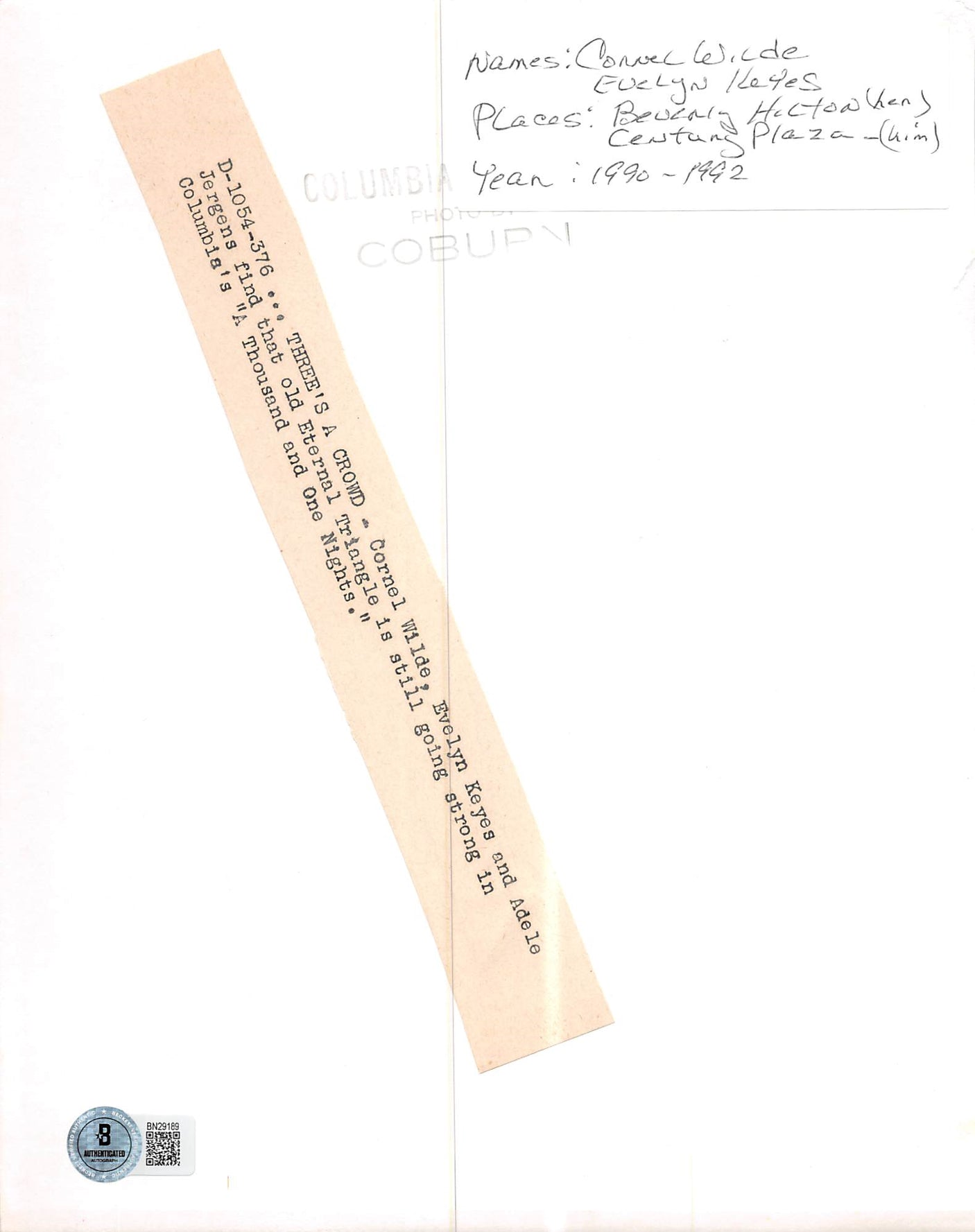 Cornel Wilde & Evelyn Keyes A Thousand and One Nights Signed 8x10 Photo BAS