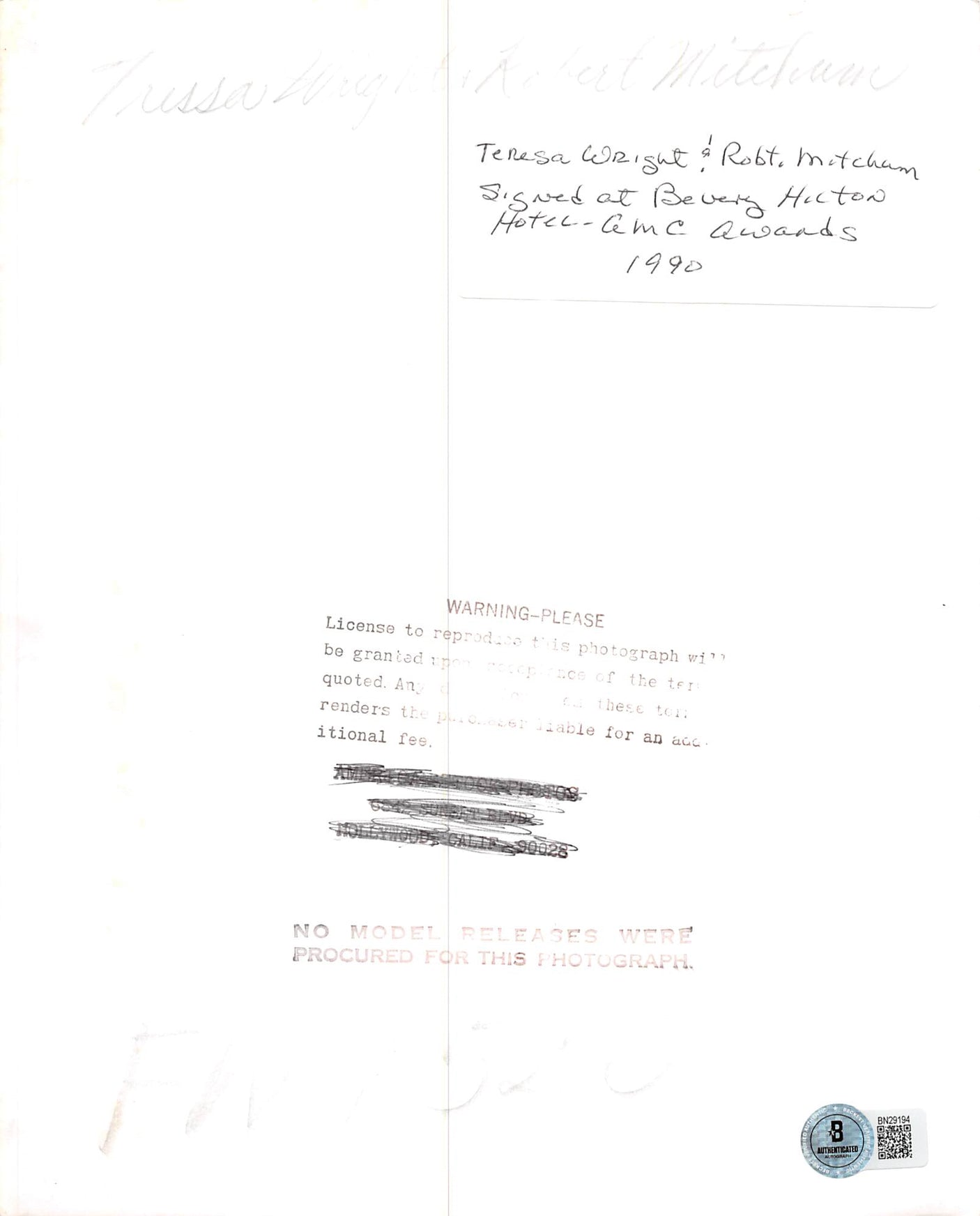 Tenesa Wright & Robert Mitchum Story of GI Joe Signed 8x10 Photo BAS #BN29194