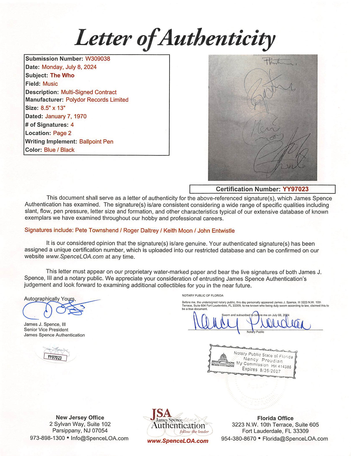 The Who (4) Townshend, Moon, Daltrey & Entwistle Signed Contract Addendum JSA