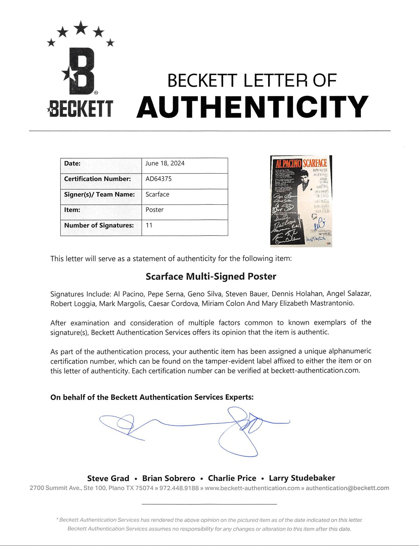 Scarface (11) Pacino, Bauer, Loggia +8 Signed 12x18 Framed Poster Photo BAS COA