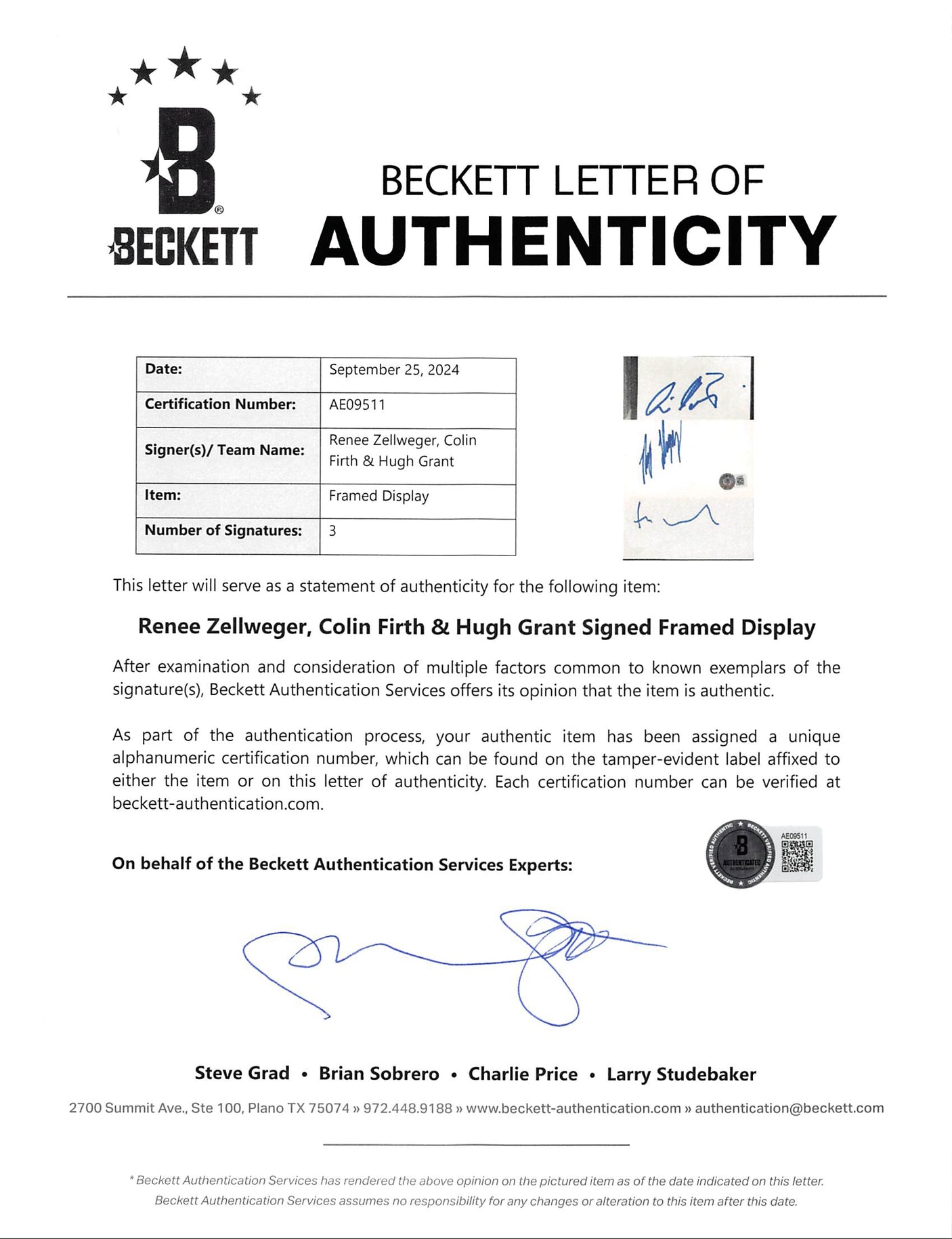 Bridget Jones's Diary (3) Zellweger, Firth & Grant Signed Framed Display BAS