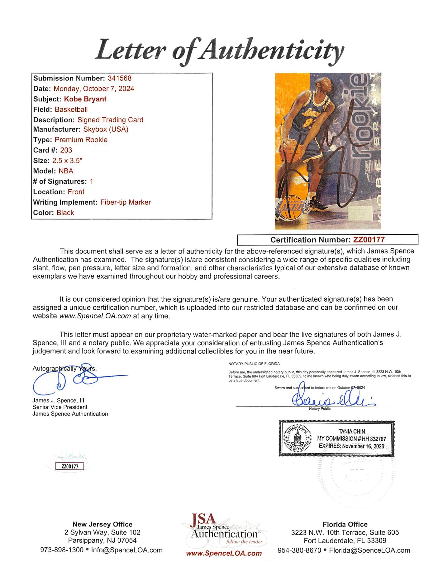 Lakers Kobe Bryant Authentic Signed 1996 Skybox Premium #203 Rookie Card JSA #ZZ00177