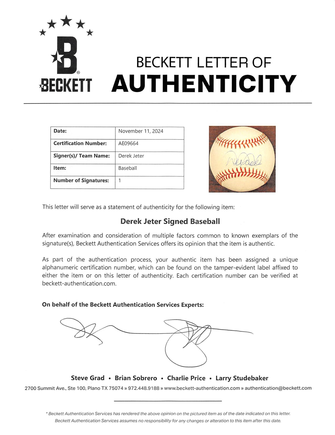 Yankees Derek Jeter Authentic Signed Manfred Oml Baseball BAS #AE09664
