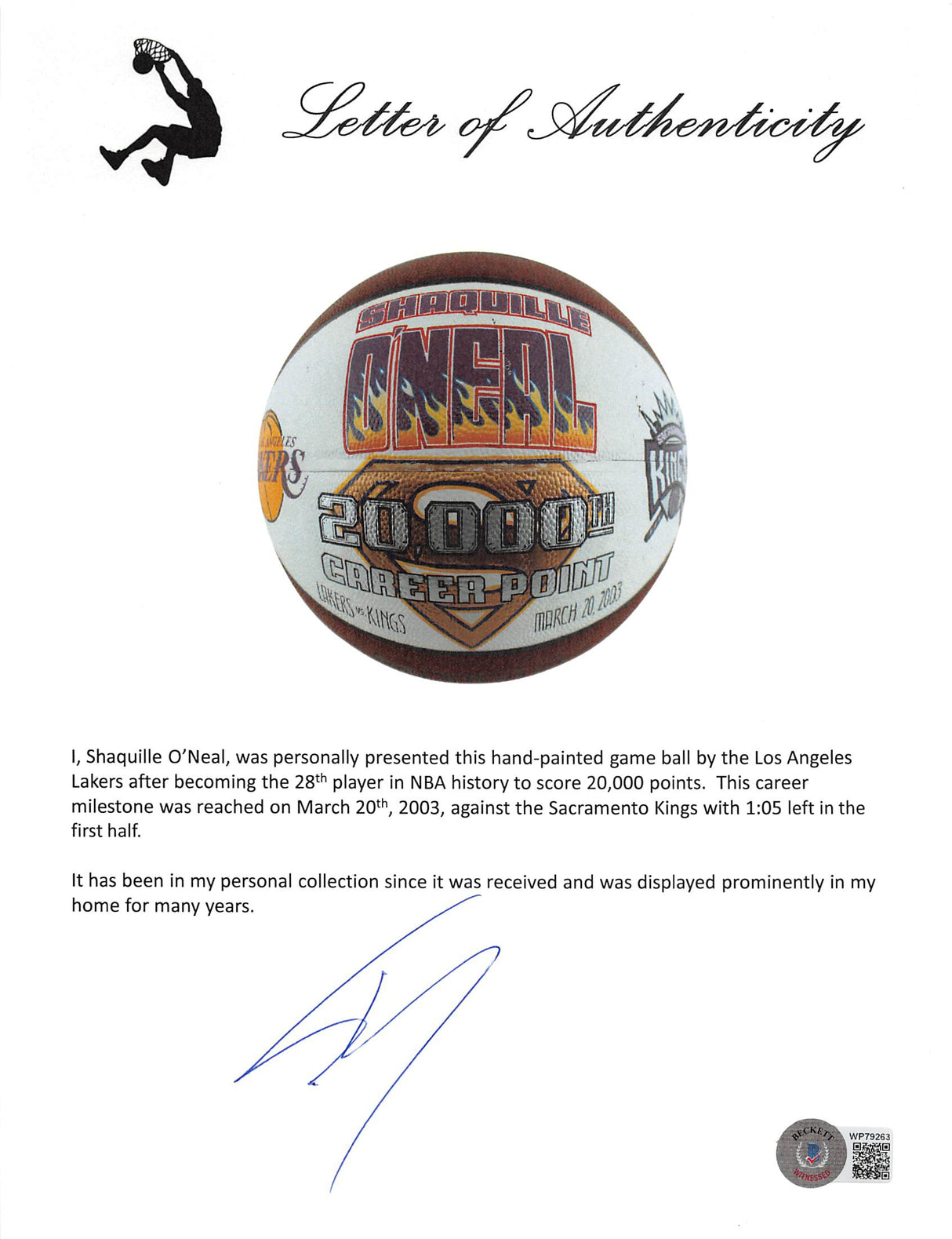 Shaquille O'Neal Game Used 20,000 Career Pts Scored Game Spalding NBA Basketball