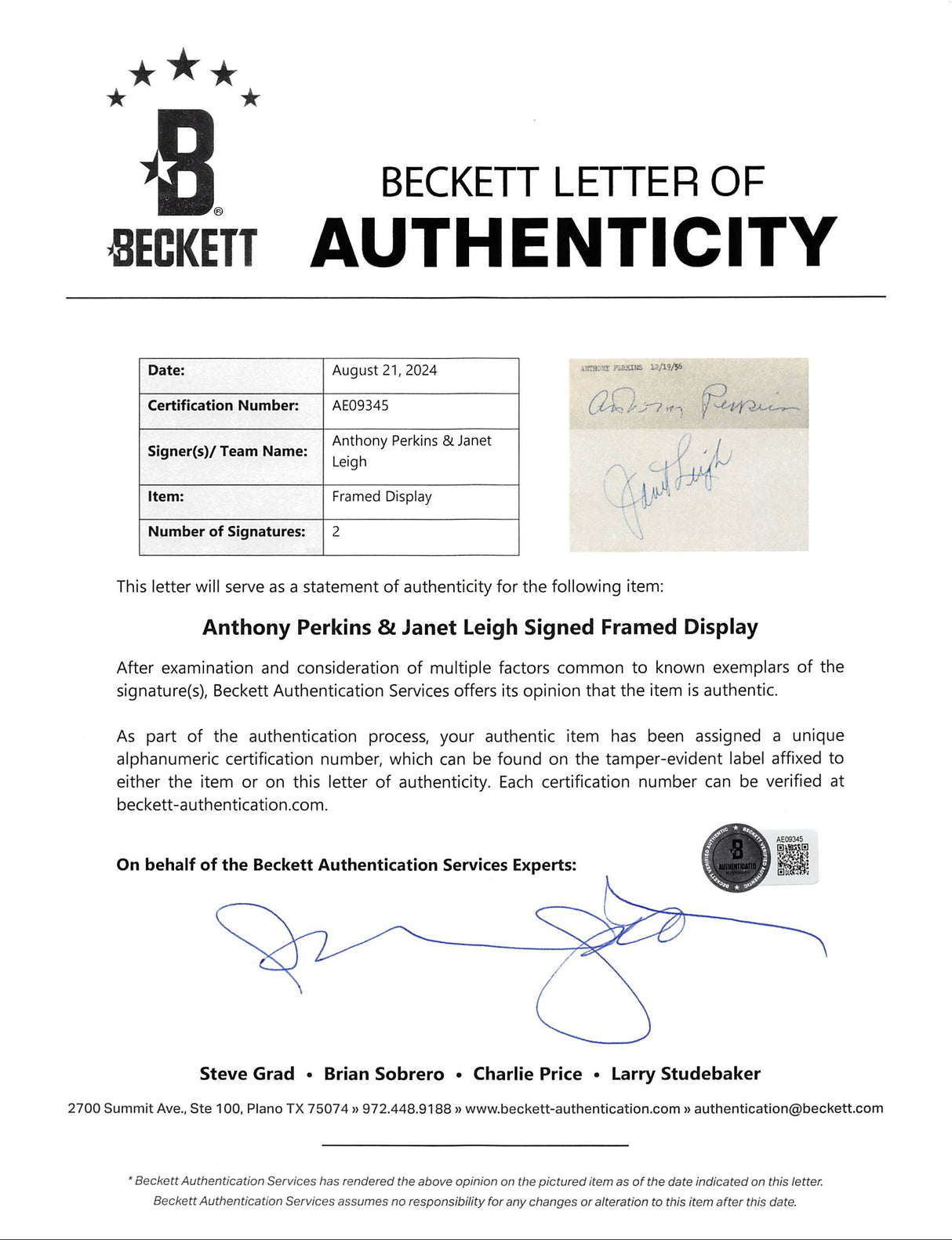 Janet Leigh & Anthony Perkins Psycho Signed & Framed 3x5 Index Card BAS #AE09345