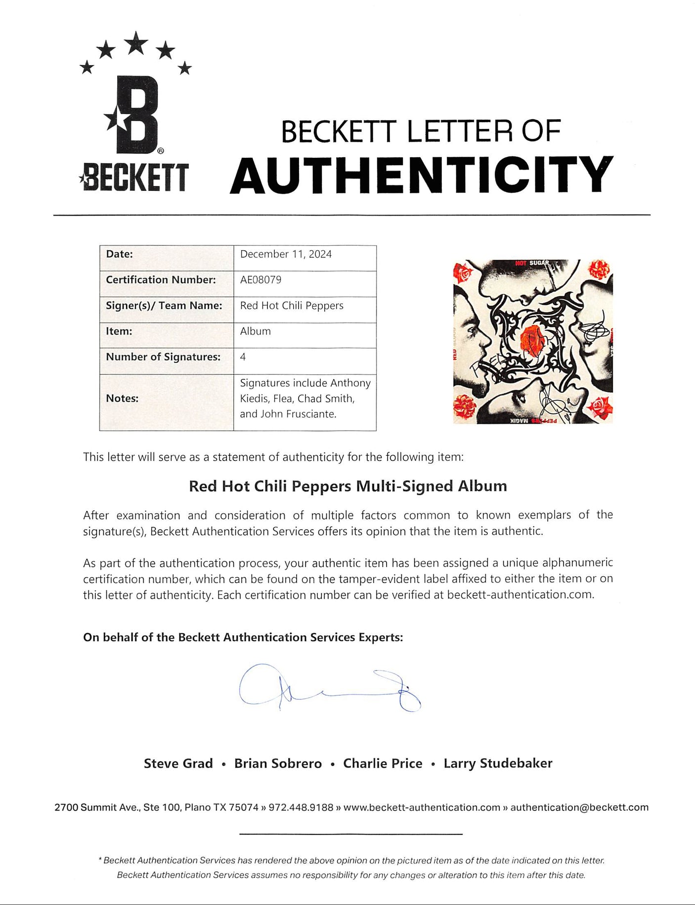 RHCP (4) Kiedis, Flea, Smith, & Frusciante Signed Album Cover W/ Vinyl BAS LOA