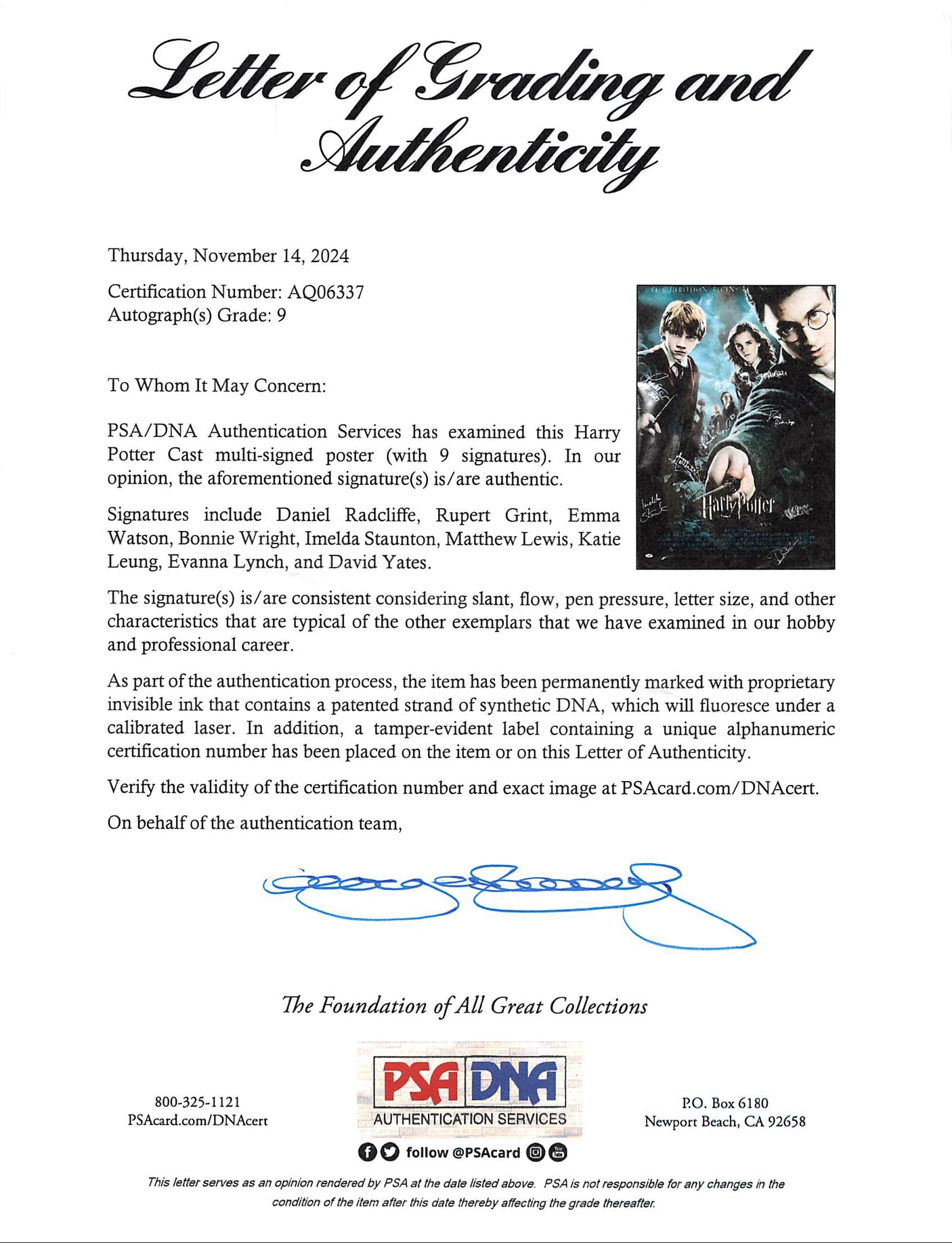 Harry Potter (9) Watson, Radcliffe, Grint +6 Signed & Framed 27x40 Poster PSA