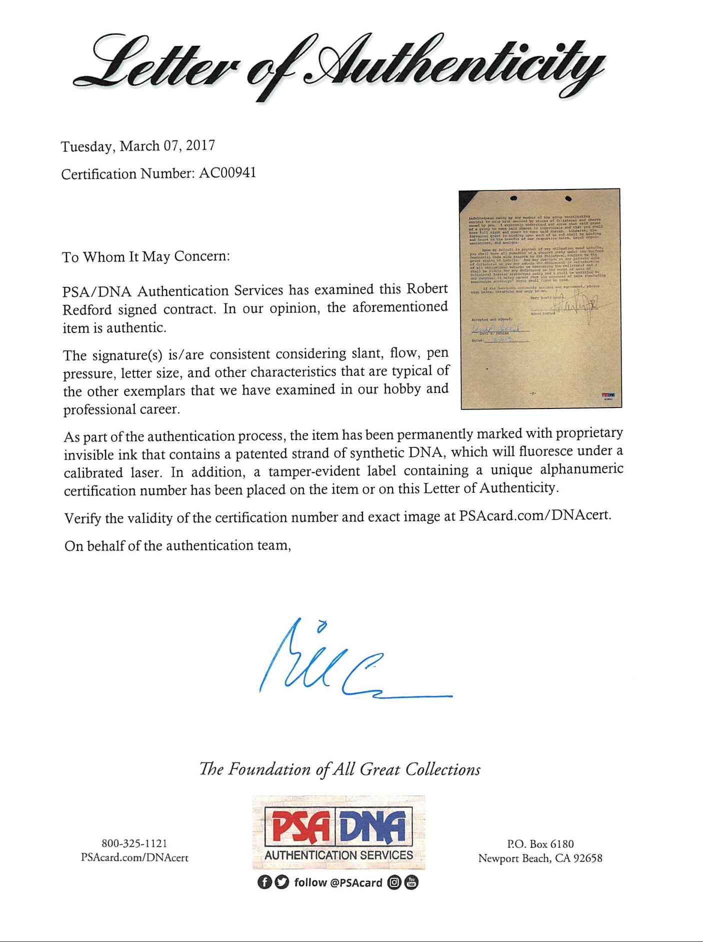 Robert Redford The Natural Authentic Signed 2 Page 8.5x11 Contract PSA #AC00941