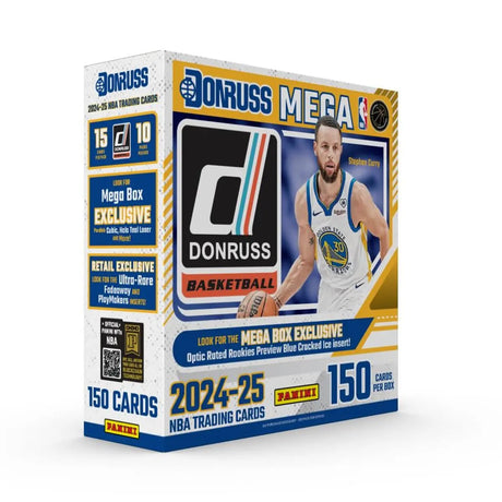 The 2024/25 Panini Donruss Basketball Card Mega Box by Sports Integrity features Stephen Curry, includes 150 cards per box, and offers Mega Box Exclusive Optic Rated Rookies Preview Blue Cracked Ice parallels.