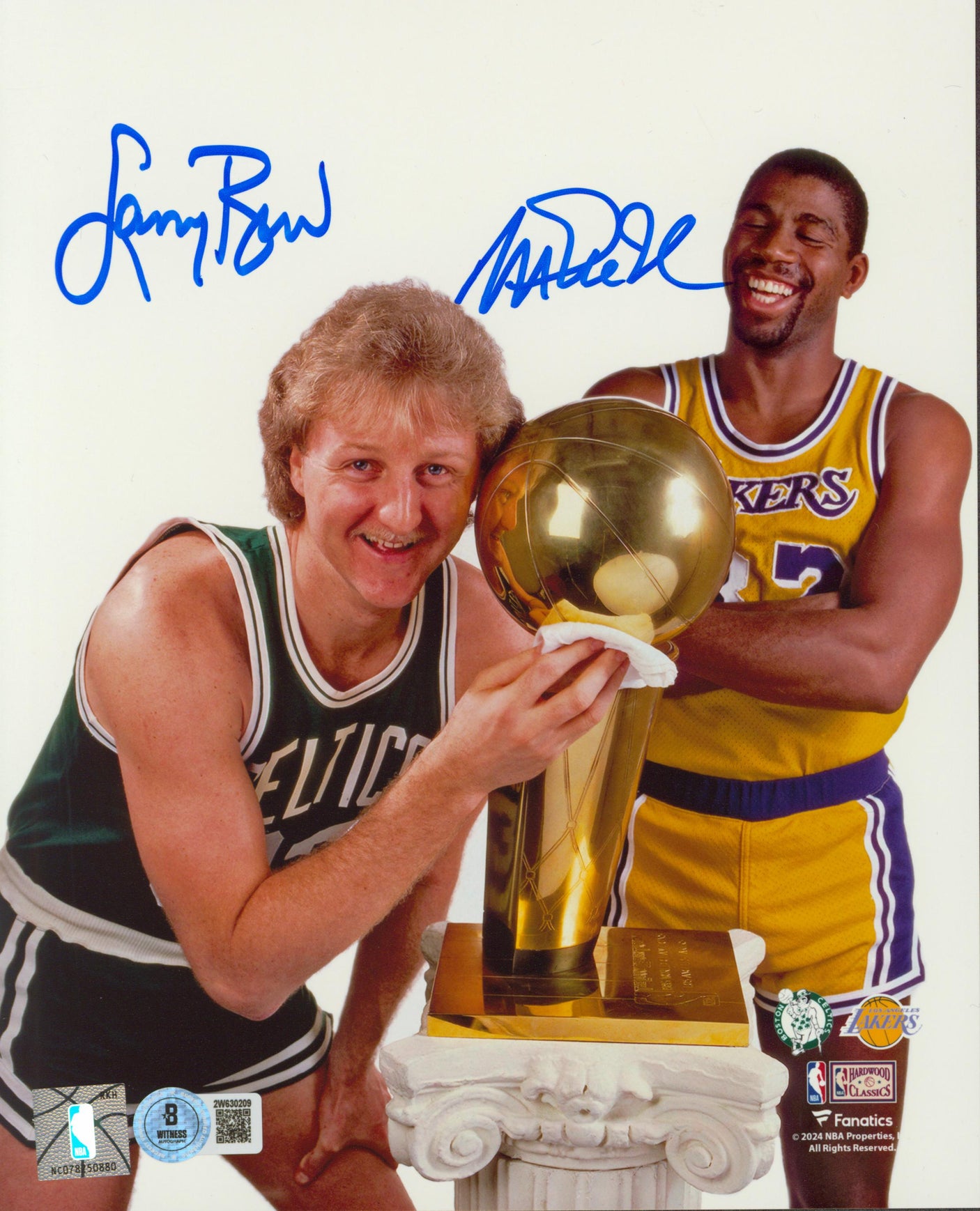 Magic Johnson & Larry Bird Signed 8x10 Vertical Trophy Photo BAS Witnessed