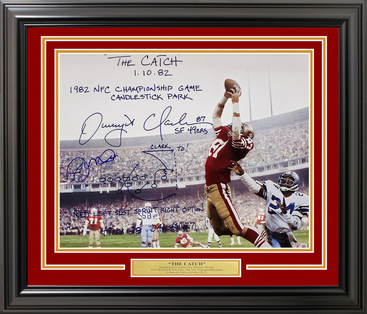 Joe Montana & Dwight Clark Autographed Framed 16x20 Photo San Francisco 49ers "The Catch, Sprint Right Option Play Sketch" Beckett BAS QR Stock #234605