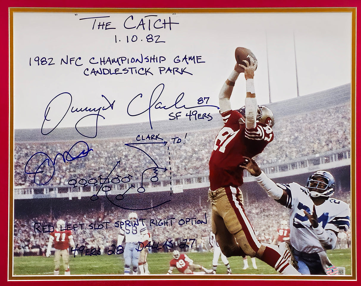 Joe Montana & Dwight Clark Autographed Framed 16x20 Photo San Francisco 49ers "The Catch, Sprint Right Option Play Sketch" Beckett BAS QR Stock #234605