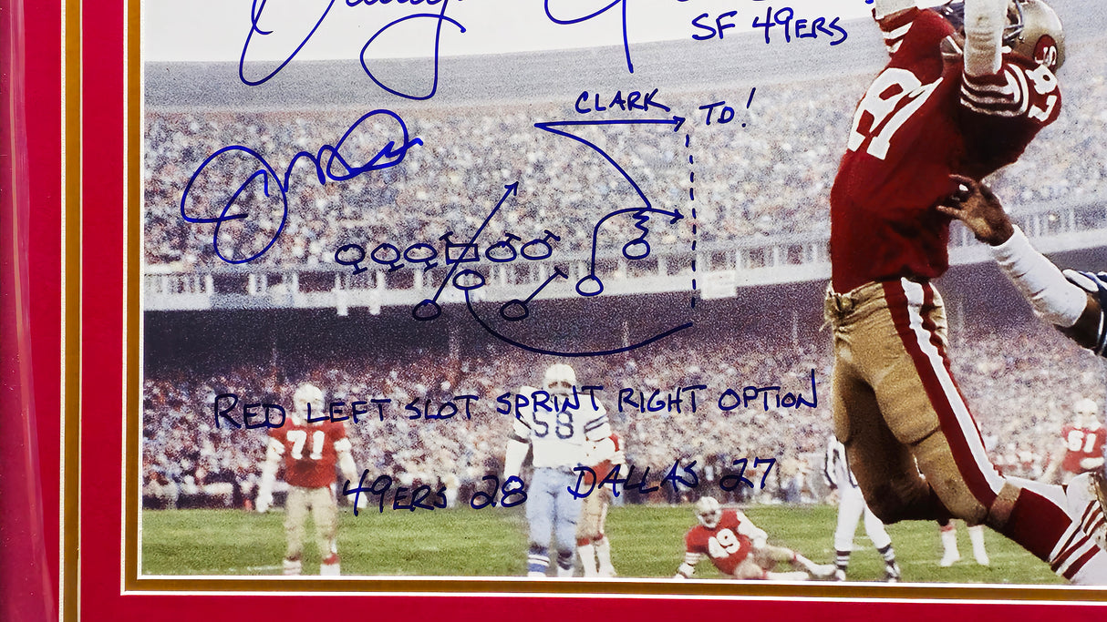 Joe Montana & Dwight Clark Autographed Framed 16x20 Photo San Francisco 49ers "The Catch, Sprint Right Option Play Sketch" Beckett BAS QR Stock #234605