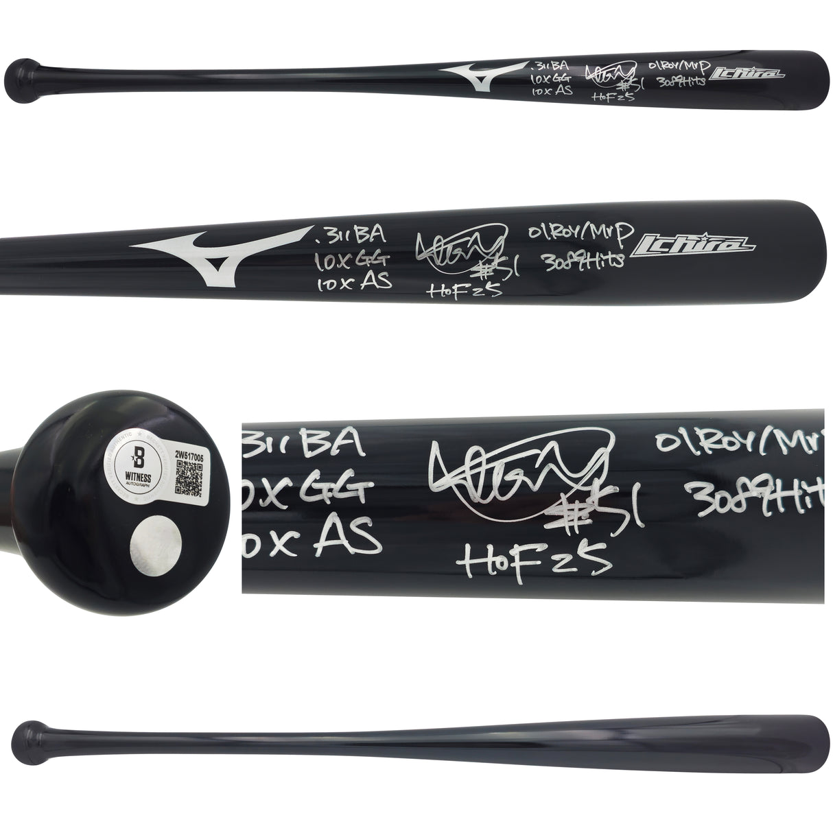 Ichiro Suzuki Autographed Black Mizuno Player Model Baseball Bat Seattle Mariners With 6 Stats HOF 25 IS Holo & Beckett BAS Witness QR Stock #238320