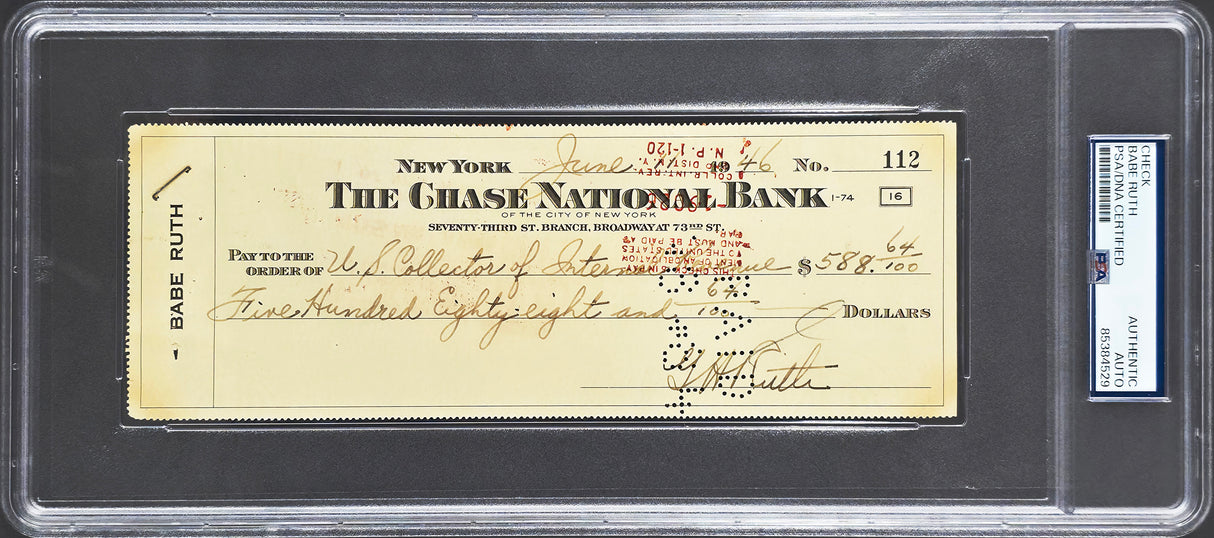 Babe Ruth Autographed 3x8.5 IRS Check New York Yankees PSA/DNA #85384529