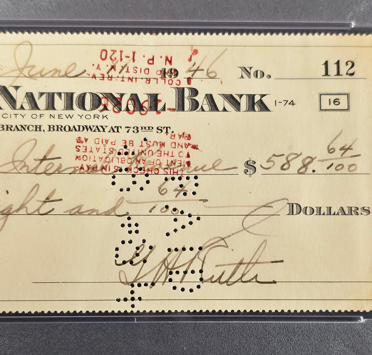 Babe Ruth Autographed 3x8.5 IRS Check New York Yankees PSA/DNA #85384529