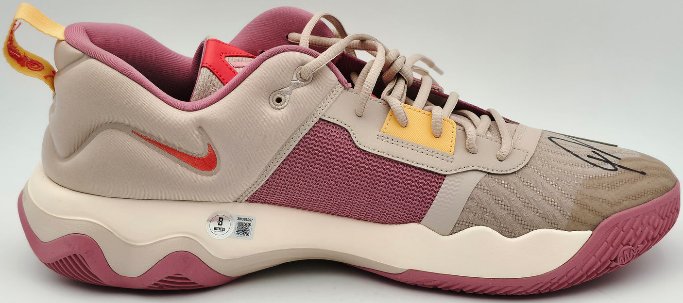 Giannis Antetokounmpo Autographed 2023 Player Exclusive (PE) Promo Fossil Stone, Celestial Gold & Desert Berry Nike Immortality 3 Shoes Milwaukee Bucks Size 17 (No Box) Beckett BAS Witness #3W395057