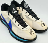 Giannis Antetokounmpo Autographed 2024 Player Exclusive (PE) Promo Pale Ivory & Racer Blue Nike Zoom Freak 6 Indoor/Outdoor Shoes Milwaukee Bucks Size 17 (No Box) Beckett BAS Witness #3W395083 #3W395084