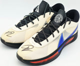 Giannis Antetokounmpo Autographed 2024 Player Exclusive (PE) Promo Pale Ivory & Racer Blue Nike Zoom Freak 6 Indoor/Outdoor Shoes Milwaukee Bucks Size 17 (No Box) Beckett BAS Witness #3W395083 #3W395084