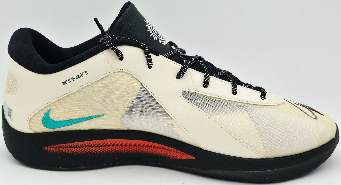 Giannis Antetokounmpo Autographed 2024 Player Exclusive (PE) Promo Pale Ivory & Racer Blue Nike Zoom Freak 6 Indoor/Outdoor Shoes Milwaukee Bucks Size 17 (No Box) Beckett BAS Witness #3W395083 #3W395084