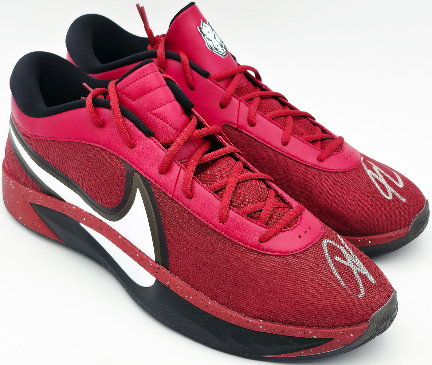 Giannis Antetokounmpo Autographed 2024 Player Exclusive (PE) Promo UNIVERSITY OF ARKANSAS TEAM CRMSN/WHT-BLK Nike Zoom Freak 6 NCAA P Shoes Size 17 (No Box) Beckett BAS Witness #3W396389 & #3W396390