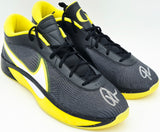 Giannis Antetokounmpo Autographed 2024 Player Exclusive (PE) Promo OREGON Black, Yellow Strk & White Nike Zoom Freak 6 NCAA P Shoes Size 17 (No Box) Beckett BAS Witness #3W395039 & #3W395040