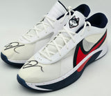 Giannis Antetokounmpo Autographed 2024 Player Exclusive (PE) Promo UCONN WHT/UNI RED-COL NVY Nike Zoom Freak 6 NCAA P Shoes Size 17 (No Box) Beckett BAS Witness #3W396931 & #3W396932