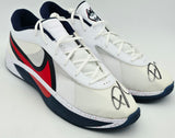 Giannis Antetokounmpo Autographed 2024 Player Exclusive (PE) Promo UCONN WHT/UNI RED-COL NVY Nike Zoom Freak 6 NCAA P Shoes Size 17 (No Box) Beckett BAS Witness #3W396931 & #3W396932