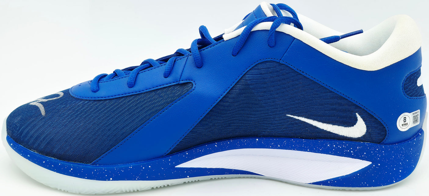 Giannis Antetokounmpo Autographed 2024 Player Exclusive (PE) Promo DUKE BLUE DEVILS GAME RYL/GAME RYL-WHT Nike Zoom Freak 6 NCAA P Shoes Size 17 (No Box) Beckett BAS Witness #3W396472 & #3W396473
