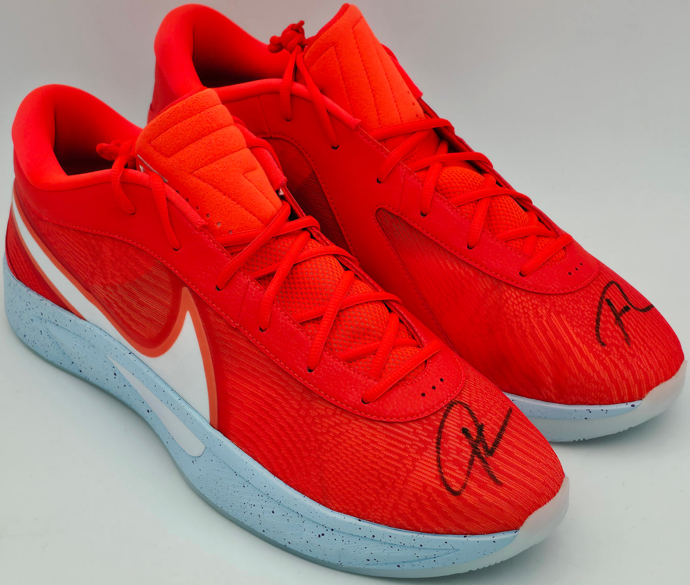 Giannis Antetokounmpo Autographed 2024 Player Exclusive (PE) Promo Bright Crimson, White & Glacier Nike Zoom Freak 6 SOS P Shoes Milwaukee Bucks Size 17 (No Box) Beckett BAS Witness #3W396865 & #3W396866