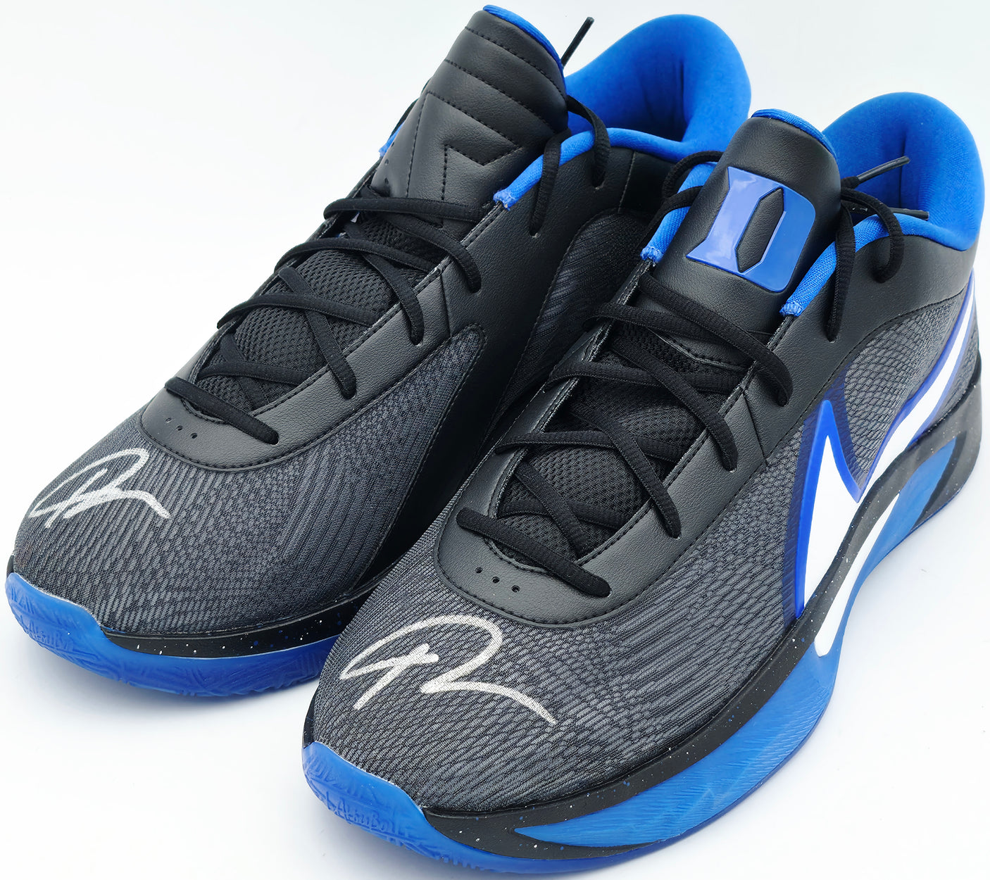 Giannis Antetokounmpo Autographed 2024 Player Exclusive (PE) Promo DUKE BLUE DEVILS BLK/WHT-GAME ROYAL/BLK Nike Zoom Freak 6 NCAA P Shoes Size 17 (No Box) Beckett BAS Witness #3W396446 & #3W396447