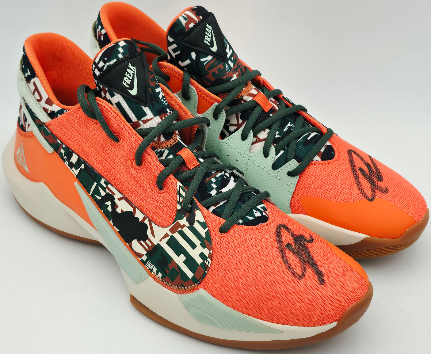 Giannis Antetokounmpo Autographed 2021 Player Exclusive (PE) Promo CAMELLIA/PIST FRST Nike Zoom Freak 2 CAMO Shoes Milwaukee Bucks Size 17 (No Box) Beckett BAS Witness #3W395005 & #3W395006