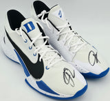 Giannis Antetokounmpo Autographed 2021 Player Exclusive (PE) Promo DUKE BLUE DEVILS WHITE/BLK-ROYAL Nike Zoom Freak 2 DUKE SOS Shoes Size 16 (No Box) Beckett BAS Witness #3W396953 & #3W396954