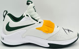 Giannis Antetokounmpo Autographed 2021 Player Exclusive (PE) Promo BAYLOR UNIVERSITY WHT/GORGE Nike Zoom Freak 3 NCAA SOS Shoes Size 16 (No Box) Beckett BAS Witness #3W396929 & #3W396930