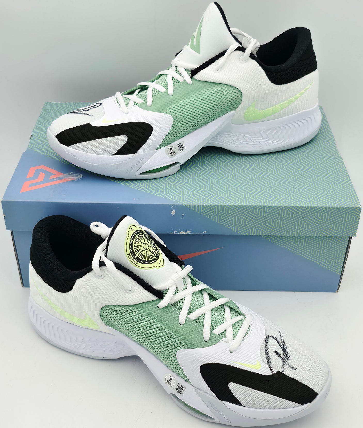 Giannis Antetokounmpo Autographed Greek Coastline Nike ZOOM FREAK 4 Shoes Milwaukee Bucks Size 16 (With Box) Beckett BAS Witness #3W396596 & #3W396597