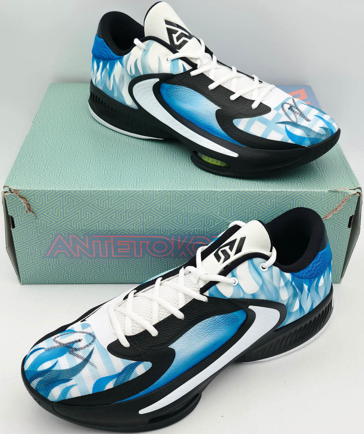 Giannis Antetokounmpo Autographed 2024 Player Exclusive (PE) Promo UConn White Nike Zoom Freak 6 NCAA Shoes Size 17 (No Box) Beckett BAS Witness #3W396931 & #3W396932