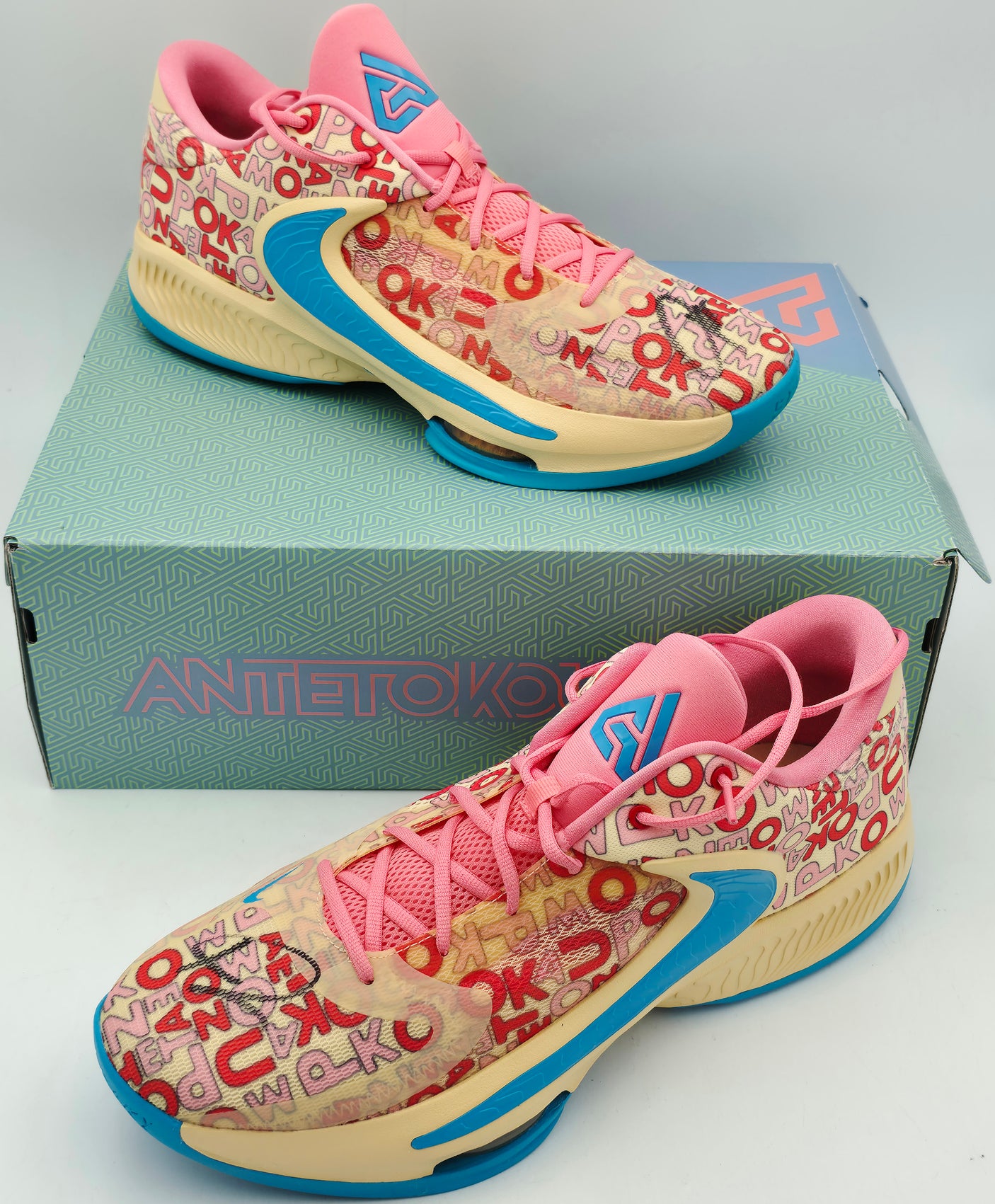 Giannis Antetokounmpo Autographed LETTER BROS VANILLA LIGHTENING Nike ZOOM FREAK 4 Shoes Milwaukee Bucks Size 17 (With Box) Beckett BAS Witness #3W396618 & #3W396619