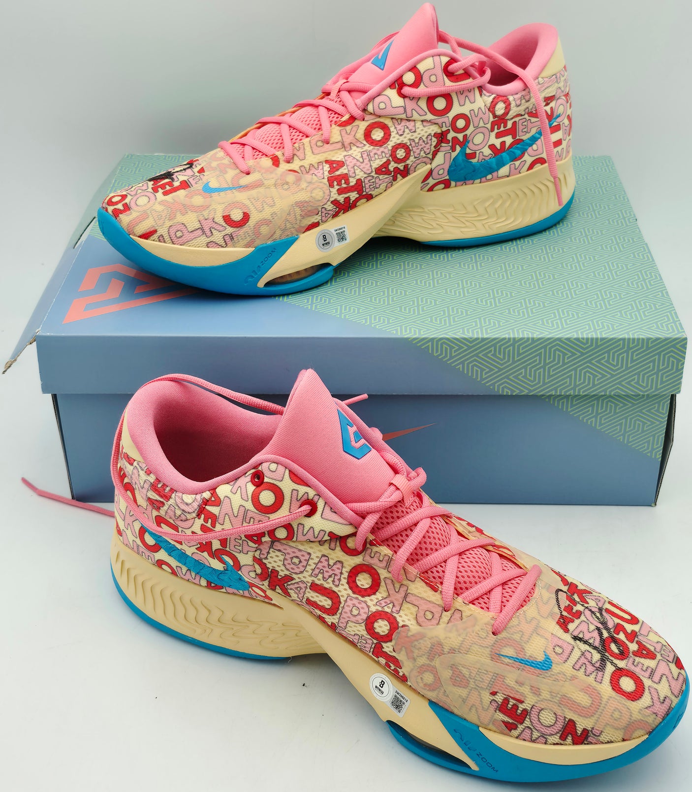 Giannis Antetokounmpo Autographed LETTER BROS VANILLA LIGHTENING Nike ZOOM FREAK 4 Shoes Milwaukee Bucks Size 17 (With Box) Beckett BAS Witness #3W396618 & #3W396619
