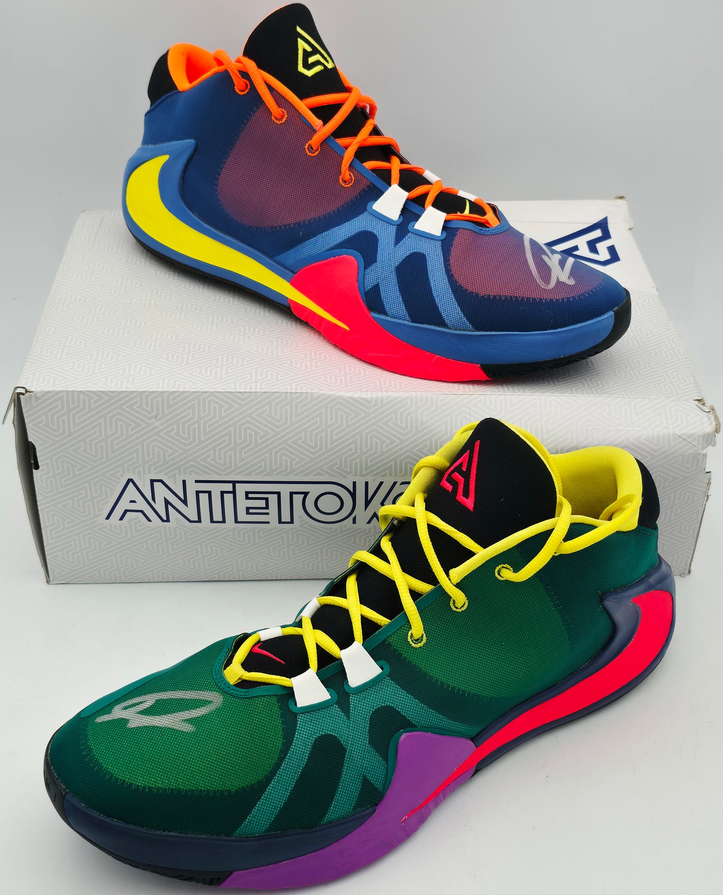 Giannis Antetokounmpo Autographed MULTI TOTAL ORANGE/DYNAMIC YELLOW Nike Zoom Freak 1 Shoes Milwaukee Bucks Size 17 (With Box) Beckett BAS Witness #3W396696 & #3W396697