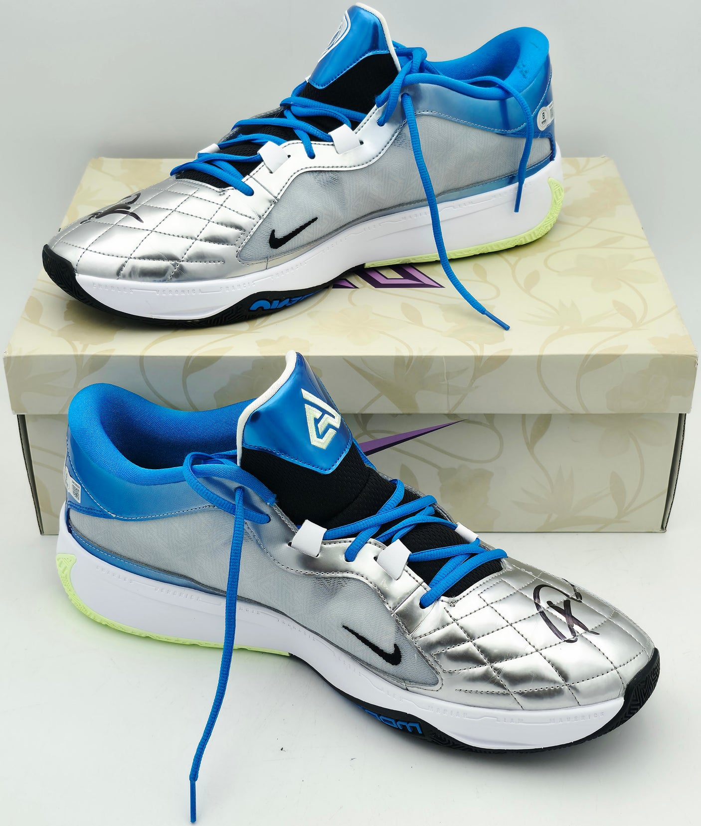 Giannis Antetokounmpo Autographed White, Metalic Blue & Metallic Silver Nike ZOOM FREAK 5 Shoes Milwaukee Bucks Size 17 (With Box) Beckett BAS Witness #3W396331 & #3W396332