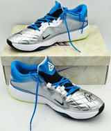 Giannis Antetokounmpo Autographed White, Metalic Blue & Metallic Silver Nike ZOOM FREAK 5 Shoes Milwaukee Bucks Size 17 (With Box) Beckett BAS Witness #3W396331 & #3W396332
