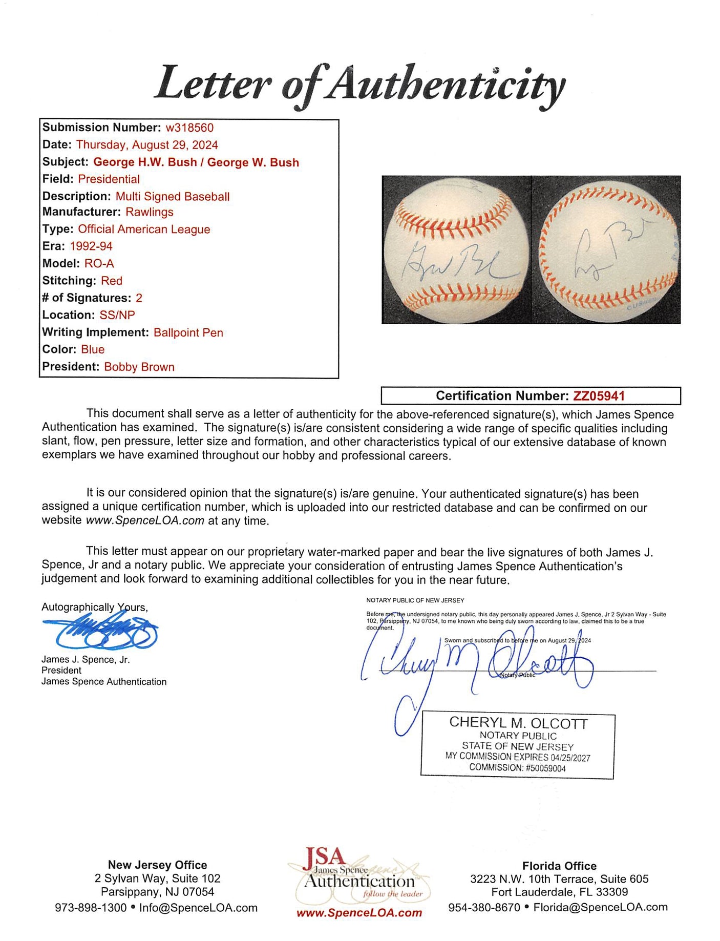 George H.W. Bush & George W. Bush Authentic Signed Oal Baseball JSA #ZZ05941