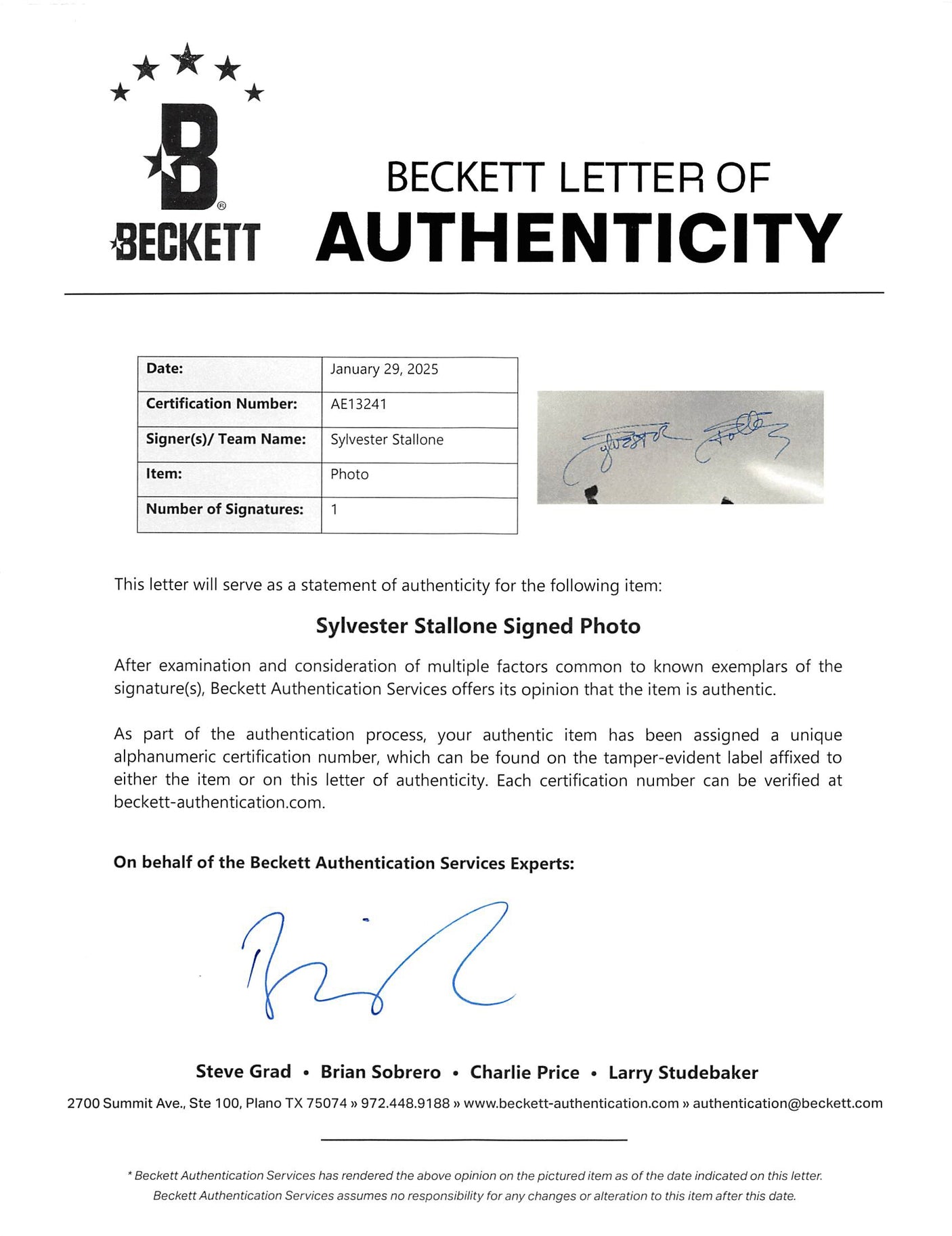 Sylvester Stallone Rocky Authentic Signed 24x36 Poster Autographed BAS