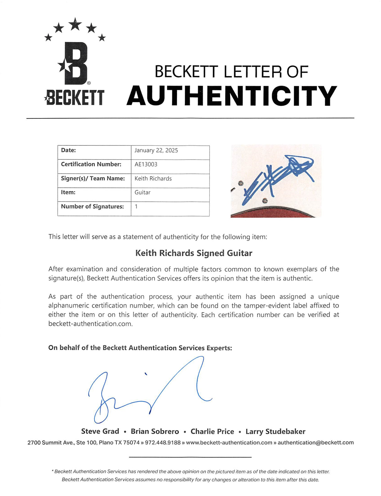 Keith Richards Rolling Stones Authentic Signed Red Electric Guitar BAS #AE13003